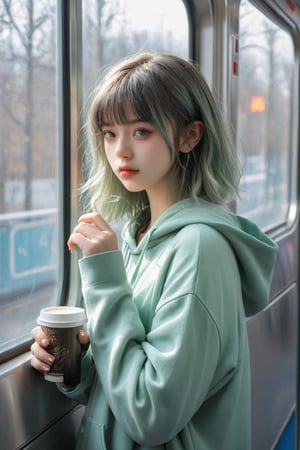 A young woman standing in a metro train, beside a window, leaning on the wall, holding a coffee mug, wearing pastel green hoodie, side view, short white hair, hair bangs, silky hair, curvy hair, bright eyes, looking outside through the window, minimal, lofi, 90's style, depth of field, day time, motion blur outside, shadows, cute face, woolen hat on the head,girl,hubggirl