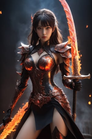 A sexy figure silhouette of a Japanese high school girl holding a flaming sword. She has beautiful big eyes and gorgeous goddess face. The sword burns with intense flames, and its underside appears to be made of molten lava. The man's suit flows downwards, transforming into armor adorned with dragon scales and fiery embers. Above the flaming sword, there's a swirling portal to another dimension, and the entire scene is set against a backdrop of swirling cosmic energy.