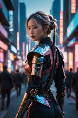 a captivating portrait of a stunning futuristic blonde cyborg samurai woman, poised amidst the pulsating neon-lit streets of a bustling metropolis. The young samurai's sleek transparent biomechanical armor, adorned with intricate glowing circuitry, reflects the vibrant colors of the neon signs that illuminate the urban landscape. Her magical katana gleams with a razor-sharp edge, shimmering with an aura of controlled aggression that hints at her formidable skill.
The background is dominated by towering skyscrapers, their reflective surfaces capturing the myriad hues of the neon lights and casting long shadows against the city streets below. The contrast between the ancient warrior ethos embodied by the samurai and the cutting-edge cybernetic enhancements she possesses creates a dynamic atmosphere of intrigue and anticipation. the colors are vivid and vibrant, enhancing the aesthetic beauty of the scene and drawing the viewer's eye to the striking contrast between tradition and modernity. The samurai's sword shines with a brilliance that reflects her strength and prowess, while the neon-lit cityscape pulsates with energy, immersing the viewer in a world where the past and the future collide in a mesmerizing symphony of light and shadow., conceptual art, vibrant, architecture, 3d render, cinematic,Slim body,xxmixgirl