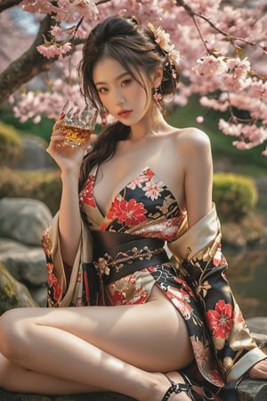 A captivating, sensual image of a stunning Japanese woman holding a glass of whisky, while striking a provocative pose with her legs spread. She is dressed in an elegant kimono, adorned with intricate designs and vibrant colors. The background showcases a traditional Japanese setting with cherry blossoms in full bloom, and a sense of sophistication and allure permeates the entire scene.