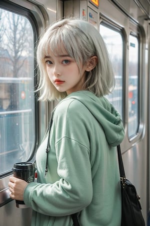 A young woman standing in a metro train, beside a window, leaning on the wall, holding a coffee mug, wearing pastel green hoodie, side view, short white hair, hair bangs, silky hair, curvy hair, bright eyes, looking outside through the window, minimal, lofi, 90's style, depth of field, day time, motion blur outside, shadows, cute face, woolen hat on the head