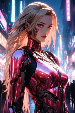 a captivating portrait of a stunning futuristic blonde cyborg samurai woman, poised amidst the pulsating neon-lit streets of a bustling metropolis. The young samurai's sleek translucent biomechanical armor, adorned with intricate glowing circuitry, reflects the vibrant colors of the neon signs that illuminate the urban landscape. Her katana gleams with a razor-sharp edge, shimmering with an aura of controlled aggression that hints at her formidable skill.
The background is dominated by towering skyscrapers, their reflective surfaces capturing the myriad hues of the neon lights and casting long shadows against the city streets below. The contrast between the ancient warrior ethos embodied by the samurai and the cutting-edge cybernetic enhancements she possesses creates a dynamic atmosphere of intrigue and anticipation. the colors are vivid and vibrant, enhancing the aesthetic beauty of the scene and drawing the viewer's eye to the striking contrast between tradition and modernity. The samurai's sword shines with a brilliance that reflects her strength and prowess, while the neon-lit cityscape pulsates with energy, immersing the viewer in a world where the past and the future collide in a mesmerizing symphony of light and shadow., conceptual art, vibrant, architecture, 3d render, cinematic,Slim body