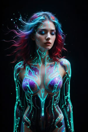 A young alluring woman. A mesmerizing and abstract piece of art where a svelte woman's hair disintegrates and disperses into translucent, luminescent cubes of violet, turquoise, and red. The background is a deep, velvety black, emphasizing the vibrant colors of the disintegrating hair. The piece exudes a surreal and ethereal atmosphere, as if the willowy woman's essence is transforming into a dreamlike state.,neon style,glowing-neon-colour-clothing,glowing,mad-cyberspace