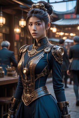 Features a live-action movie character in the style of "Jujutsu Kaisen", Full body, steampunk theme, Victorian era, centered, a young woman, ponytail hair, steampunk dress and accessories, dynamic free pose, vibrant color ,masterpiece artwork, 32k, dslr, uhd, professional photography, best quality, cinematic angle, realistic lighting,Cyberpunk geisha,mad-cyberspace