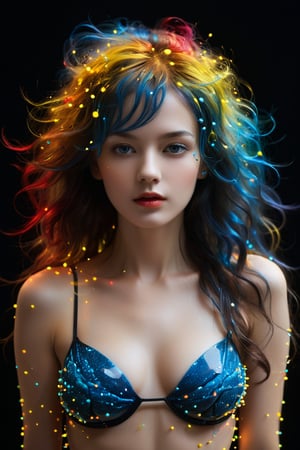 A young alluring woman. A captivating portrait of a woman's hair dissolving into thousands of tiny, translucent, and colorful spheres strapes covered her svelte body. Her once luscious locks transform into a mesmerizing display of yellow, blue, and red orbs. The background is a deep, dark black, providing a dramatic contrast to the vibrant and otherworldly transformation of the hair.,neon photography style,mad-cyberspace,glowing-neon-colour-clothing,glowing,neon style