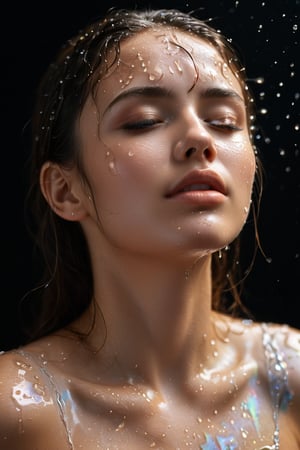A young alluring woman. A captivating portrait of a woman with water droplets delicately cascading down her face and chest. Her eyes remain closed, and her lips slightly parted, as if she is experiencing a profound moment of serenity. The droplets reflect light, casting a shimmering glow that accentuates her facial features and adds a mystical touch. The dark background intensifies the brilliance of the droplets and draws attention to the subject's mesmerizing beauty.
