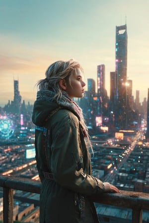 Dystopian, High Detail RAW color Photo, Full Shot, (cute female), standing on an overlook, looking out at sprawling cyberpunk city skyline, perfect face, (highly detailed, fine details, intricate), (lens flare:0.5), (bloom:0.5), raytracing, specular lighting, shallow depth of field, 200mm lens, hard focus, smooth, cinematic film still.