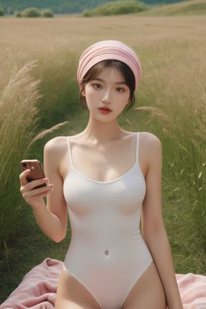 (Best quality, 8k, 32k, Masterpiece, photorealism, UHD:1.2). A charming alluring woman dressed in a open swimsuit and headscarf, gracefully lying in the middle of a lush field of wildflowers. She holds a smartphone in her hand and takes a selfie. A pink blanket underneath, as well as a picnic basket decorated with flowers, give this scene a touch of elegance and mystery. In the background, Young men dressed in summer shorts of different colors are depicted admiring a woman and looking at her from the tall grass, swaying in the wind, which creates a serene, idyllic atmosphere. The overall composition is a perfect combination of fashion, illustration and cinematic elements., cinematography, painting, illustration, fashion, portrait photography