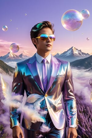 A handsome fit young man in a unique suit, made of iridescent feathers, floats in a sky filled with lavender hues. He wears a golden mask that shines with sweet and soft light, reflecting the beauty of the sky. Giant bubbles, filled with dreams and magical landscapes, float around, showing images of crystal trees and mountains made of cotton candy. The atmosphere is ethereal and magical, full of awe and wonder, giving the feeling of being in a place outside of time and space.,Handsome boy,Muscle