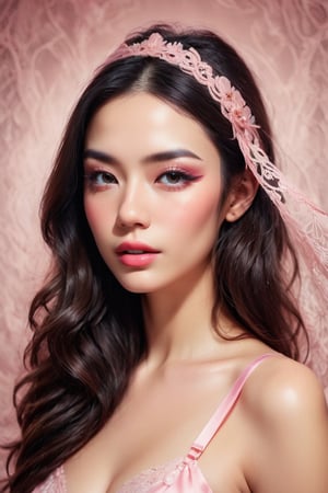 An alluring young pretty woman, covering the eyes with a transparent lace pink silk strip, in the style of hyperrealism and photorealism, UHD image,Soft used realism, Pastel color, Babycore
