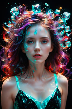 A young alluring woman. A mesmerizing and abstract piece of art where a svelte woman's hair disintegrates and disperses into translucent, luminescent cubes of violet, turquoise, and red. The background is a deep, velvety black, emphasizing the vibrant colors of the disintegrating hair. The piece exudes a surreal and ethereal atmosphere, as if the willowy woman's essence is transforming into a dreamlike state.,neon style,glowing-neon-colour-clothing,glowing