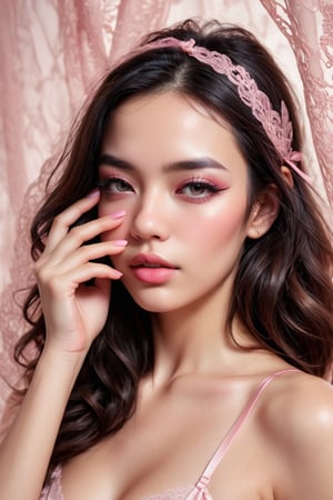 An alluring young pretty woman, covering the eyes with a transparent lace pink silk strip, in the style of hyperrealism and photorealism, UHD image,Soft used realism, Pastel color, Babycore,xxmix_girl