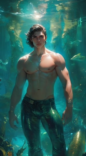 A captivating fantasy portrait of a stunning powerful semi god. Beneath the surface of a crystal-clear lake, Nereus, a regal merman warlord, commands his aquatic legions with grace and ferocity. The refracted, shimmering light of the sun dances across his iridescent scales, revealing the intricate patterns and subtle color variations that adorn his powerful form.,Genderless,Handsome boy,masculine,cinematic style