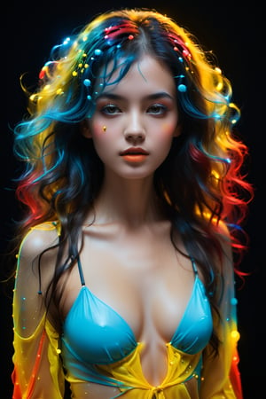 A young alluring woman. A captivating portrait of a woman's hair dissolving into thousands of tiny, translucent, and colorful spheres strapes covered her svelte body. Her once luscious locks transform into a mesmerizing display of yellow, blue, and red orbs. The background is a deep, dark black, providing a dramatic contrast to the vibrant and otherworldly transformation of the hair.,neon photography style,mad-cyberspace,glowing-neon-colour-clothing