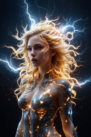 A young alluring woman with long blonde hair, captured in a side profile. A stunning bright digital masterpiece artwork that encapsulates the highly detailed complex intricate patterns of the tumultuous dance of electric currents amidst the energetic frenzy of a lightning storm's power. Countless bolts of electricity that crackle, arc, and clash with thunderous force, illuminating the sky with their dazzling display. Within this highly detailed chaotic labyrinth of interweaving of light and sparks of the electric frenzy, we look down upon the emergence of a female figure, her contours sculpted by the intricate patterns of crackling energy and swirling electric arcs. The contours of this female, ethereal and captivating, appear to emerge from the very essence of the raging electrical storm, her form both elusive and mesmerizing amidst the highly detailed chaos. The graceful chaotic dance of light and sparks showcases electricity's raw power and untamed beauty., cinematic,glitter