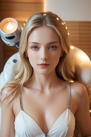 A young alluring woman with long blonde hair, In a serene, beautifully appointed spa equipped with the latest in relaxation technology, the nakef woman massaged by a handsome man robot. Its design is sleek and unobtrusive, emitting soft, soothing sounds and gentle warmth. The spa features aromatherapy diffusers that adjust scents based on the woman’s stress levels and mood, creating a personalized atmosphere of tranquility,girl,better photography,glitter,aesthetic portrait