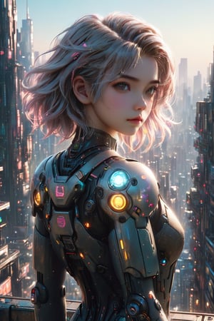 Dystopian, High Detail RAW color Photo, Full Shot, (cute female), standing on an overlook, looking out at sprawling cyberpunk city skyline, perfect face, (highly detailed, fine details, intricate), (lens flare:0.5), (bloom:0.5), raytracing, specular lighting, shallow depth of field, 200mm lens, hard focus, smooth, cinematic film still.