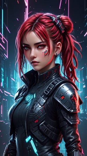 A captivating and intricate portrait of a German female cybersoldier in a futuristic, cyberpunk-inspired world. The subject's bright, braided hair is styled in pigtails, and she wears intricate black and red armor adorned with battle marks. Her sleek helmet hides her face, exuding an aura of mystery and intimidation. Wielding a plasma-emitting axe, she embodies power and grace. The portrait's striking features, sharp facial expressions, and muscular arms reveal her determination, depth, strength, and resilience. The glowing bio-organics on her shoulder hint at advanced technology. The muted background highlights her striking presence, creating a vivid and fashion-forward cyberpunk masterpiece., cinematic, fashion, vibrant, portrait photography,glitter
