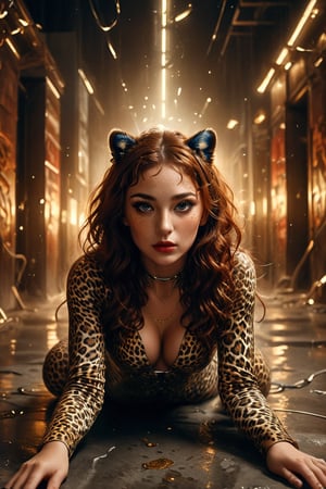 A mesmerizing full body portrait photo capturing the essence of an alluring brunette woman exuding serenity and mystery. A stunning piece of modern art featuring a voluptuous woman in a sexy leopard-inspired outfit, she is crawling on the ground complete with a leopard tail and ears. Her red curly hair, sensual lips, and alluring gaze command attention. The background is a minimalist, abstract design, featuring a blend of free-flowing lines, splashes, and scratches in a soft gradient metallic liquid. The piece is illuminated by bright gold lighting, creating a cinematic and conceptual atmosphere that is both fashionable and conceptual. The artwork is rendered in a 3D style, further enhancing its visual impact.,The Pose