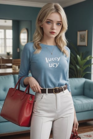 A stunning, 3D-rendered portrait of a young woman in the style of Emma. She has blonde hair, green eyes, and wears fashionable clothing, including white pants with intricate details, a blue top, and an elegant red bag with the text "Lucy" in gold, using a 3D font. The background is a modern living room, where the woman appears to be resting. The overall atmosphere of the image is a blend of realistic and anime elements, making it a captivating piece of fashion photography., anime, fashion, poster