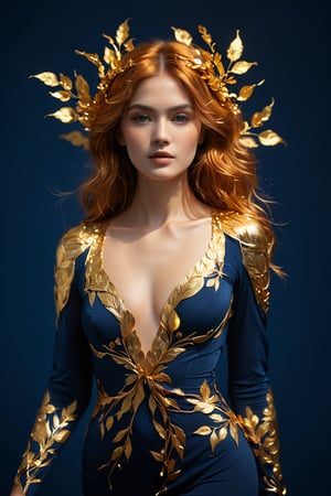 a captivating alluring young woman stands against a dark blue background, surrounded by a halo of golden light. Instead of a conventional dress, the woman appears to be wrapped in a cascade of gold leaves that flow elegantly around her figure. Her copper hair is intertwined with the golden leaves, creating an image of natural beauty and serenity. The combination of deep blue tones and golden glow creates an atmosphere of warmth and majesty. 