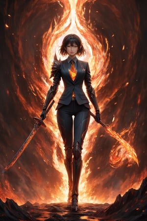 A sexy figure silhouette of a Japanese high school girl holding a flaming sword. The sword burns with intense flames, and its underside appears to be made of molten lava. The man's suit flows downwards, transforming into armor adorned with dragon scales and fiery embers. Above the flaming sword, there's a swirling portal to another dimension, and the entire scene is set against a backdrop of swirling cosmic energy.,score_9