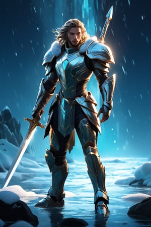 A handsome young Guardian of the Mysterious Arctic Ocean, suffused with a twilight glow, a stalwart figure clad in glimmering armor, crafted with meticulous detail. Bathed in divine light, a giant ancient sword solid in the ground.its blade pulsating with vibrant energy. Rendered in a stylized manner, this 4K high-resolution concept artwork captures the essence of a dark and mythical world, reminiscent of the illustrious artistry of Benedick Bana and the enchanting style