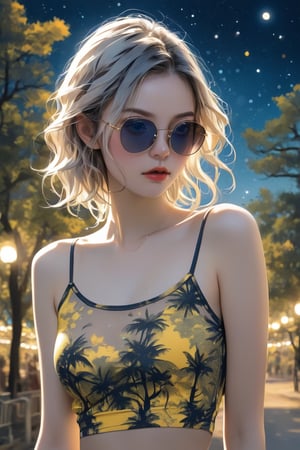 sw1mc0v3r, mini shirt, see-through, fishnets, from_above, crop top, detailed face, yellow bodycon tank top, hair, park, sky, trees, pale skin, moonlight, stars, 1girl, statement sunglasses, woman,petite, vivid colors, bokeh background, subject for emphasis,dramatic colors,