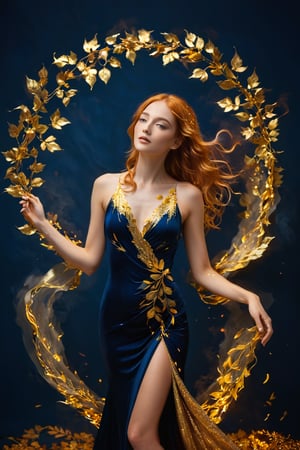 a captivating alluring young woman stands against a dark blue background, surrounded by a halo of golden light. Instead of a conventional dress, the woman appears to be wrapped in a cascade of gold leaves that flow elegantly around her figure. Her copper hair is intertwined with the golden leaves, creating an image of natural beauty and serenity. The combination of deep blue tones and golden glow creates an atmosphere of warmth and majesty. ,fire element,xxmix_girl,neon photography style