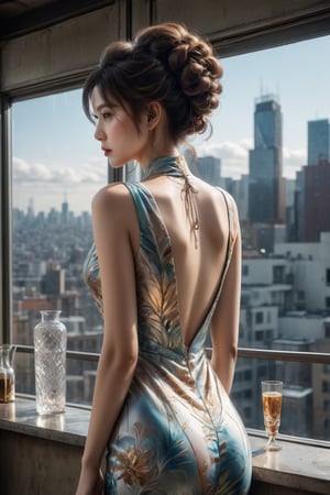 A captivating conceptual art piece featuring a woman in an anime-inspired, fashion illustration. Seen from behind, she is elegantly dressed in a form-fitting gown, her hair styled in an intricate updo. The woman holds a glass, possibly filled with a beverage, and gazes out the window. The abstracted cityscape in the background is a blend of various artistic styles, including graffiti and painting, creating a dynamic urban atmosphere. The image exudes a cinematic vibe, as if it could be a scene from a stylish, dramatic film., conceptual art, 