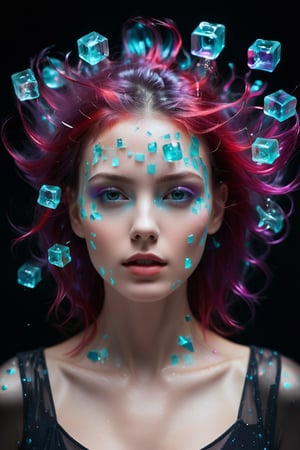 A young alluring woman. A striking and abstract image of a woman's hair disintegrating and dispersing into translucent, shimmering cubes of vivid purple, turquoise, and red hues. The hair cubes float gracefully against a stark black background, creating a dramatic and mesmerizing visual effect.