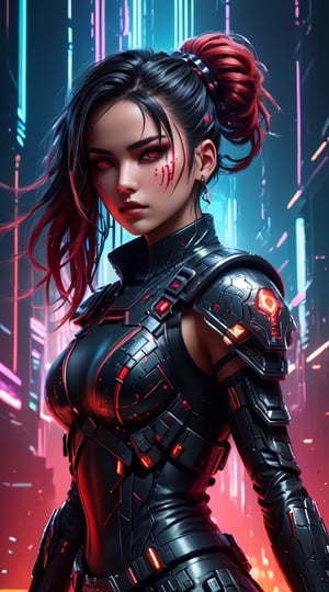 A striking and fashionable portrait of an enigmatic Latin American female cyber soldier in a futuristic, cyberpunk-inspired world. The elegant warrior has bright, braided hair styled in pigtails and dons intricate black and red armor embellished with battle marks. Her sleek helmet conceals her face, exuding an aura of mystique and intimidation. Wielding a plasma sword that emits intense fire, she embodies power and grace. Her striking features, sharp facial expressions, and muscular arms reveal her determination, depth, strength, and resilience. The glowing bio-organics on her shoulder allude to advanced technologies. The muted background highlights her captivating presence, creating a vivid and fashion-forward cyberpunk masterpiece. big plump lips, fashion, cinematic, 