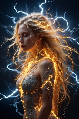A young alluring woman with long blonde hair, captured in a side profile. A stunning bright digital masterpiece artwork that encapsulates the highly detailed complex intricate patterns of the tumultuous dance of electric currents amidst the energetic frenzy of a lightning storm's power. Countless bolts of electricity that crackle, arc, and clash with thunderous force, illuminating the sky with their dazzling display. Within this highly detailed chaotic labyrinth of interweaving of light and sparks of the electric frenzy, we look down upon the emergence of a female figure, her contours sculpted by the intricate patterns of crackling energy and swirling electric arcs. The contours of this female, ethereal and captivating, appear to emerge from the very essence of the raging electrical storm, her form both elusive and mesmerizing amidst the highly detailed chaos. The graceful chaotic dance of light and sparks showcases electricity's raw power and untamed beauty., cinematic,glitter,gl1tt3rsk1n