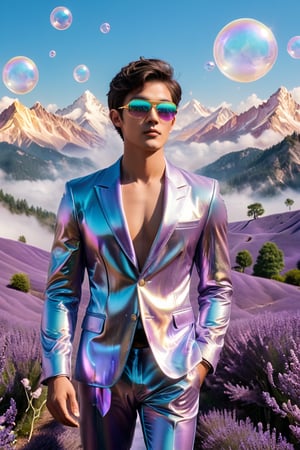 A handsome fit young man in a unique suit, made of iridescent feathers, floats in a sky filled with lavender hues. He wears a golden mask that shines with sweet and soft light, reflecting the beauty of the sky. Giant bubbles, filled with dreams and magical landscapes, float around, showing images of crystal trees and mountains made of cotton candy. The atmosphere is ethereal and magical, full of awe and wonder, giving the feeling of being in a place outside of time and space.,Handsome boy