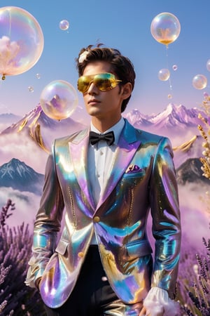 A handsome fit young man in a unique suit, made of iridescent feathers, floats in a sky filled with lavender hues. He wears a golden mask that shines with sweet and soft light, reflecting the beauty of the sky. Giant bubbles, filled with dreams and magical landscapes, float around, showing images of crystal trees and mountains made of cotton candy. The atmosphere is ethereal and magical, full of awe and wonder, giving the feeling of being in a place outside of time and space.