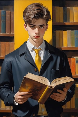 a European university student, a young boy wearing classic clothes style and standing in the library, a hand holding a book and he looking at a book, yellow eyes,masterpiece,oil painting,Masterpiece,more detail XL,Handsome boy