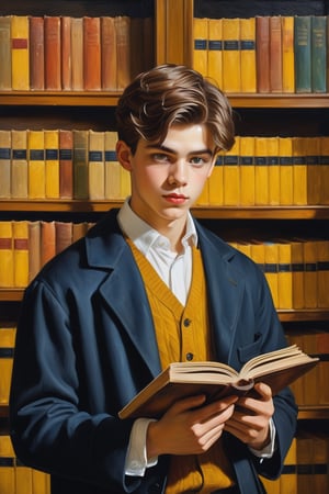 a European university student, a young boy wearing classic clothes style and standing in the library, a hand holding a book and looking at a book, yellow eyes,masterpiece,oil painting,Masterpiece,more detail XL,Handsome boy