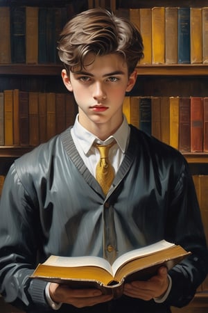 a European university student, a young boy wearing classic clothes style and standing in the library, a hand holding a book and he looking at a book, yellow eyes,masterpiece,oil painting,Masterpiece,more detail XL,Handsome boy