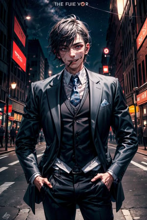 Character with the famous trollface, that ironic and mocking expression commonly used in Internet memes, wearing an elegantly tailored suit. His right hand holds a match, while the left rests casually in the pocket of his pants. The character, with an expression of irony, lights the cigarette in his mouth, revealing a calculated serenity in the midst of a nighttime environment, where the lights reflect upon him.,High detailed ,Crazy face 