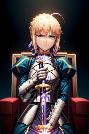 best quality, masterpiece, phSaber, phAltoria, 1girl, solo, armor, weapon, sword, glowing sword, glowing weapon, french braid, armored dress, glowing, gauntlets, holding, breastplate, hair bun, upper body , sitting on a red throne chair,  towards the horizon with a thoughtful expression