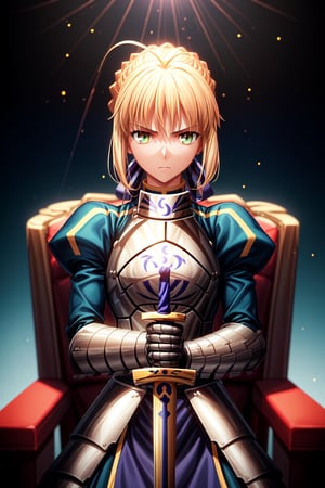 best quality, masterpiece, phSaber, phAltoria, 1girl, solo, armor, weapon, sword, glowing sword, glowing weapon, french braid, armored dress, glowing, gauntlets, holding, breastplate, hair bun, upper body , sitting on a red throne chair,  towards the horizon with a thoughtful expression