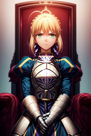 best quality, masterpiece, phSaber, phAltoria, 1girl, solo, armor, weapon, sword, glowing sword, glowing weapon, french braid, armored dress, glowing, gauntlets, holding, breastplate, hair bun, upper body , rising from a red throne chair,  towards the horizon with a thoughtful expression
