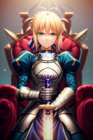best quality, masterpiece, phSaber, phAltoria, 1girl, solo, armor, weapon, sword, glowing sword, glowing weapon, french braid, armored dress, glowing, gauntlets, holding, breastplate, hair bun, upper body , rising from a red throne chair,  towards the horizon with a thoughtful expression