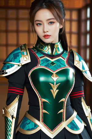 4k, office art, 1girl with green armor, decorated with complex patterns and exquisite lines, k-pop, blue eyes, dark red lips,
,TechStreetwear, full body