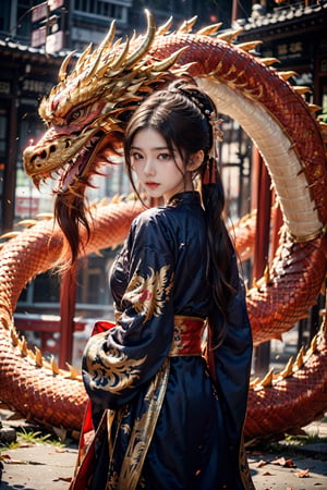1man,zhongli,zhongli_(genshin_impact),solo,with a huge dragon on the background,game cg, yellow eyes, delicate nose, high bridge of nose, chinese ancient architecture,hands behind your back,delicate face, shiny eyes,glowing eye,sharp eyes,slanted eyes, no expression, serious face