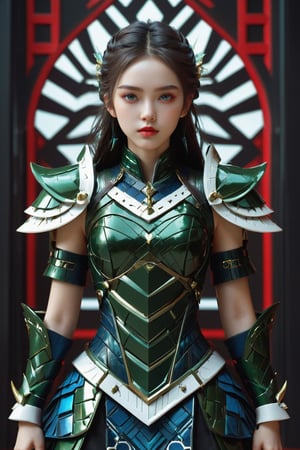 4k, office art, 1girl with green armor, decorated with complex patterns and exquisite lines, k-pop, blue eyes, dark red lips,
,TechStreetwear, full body,F41Arm0rXL 