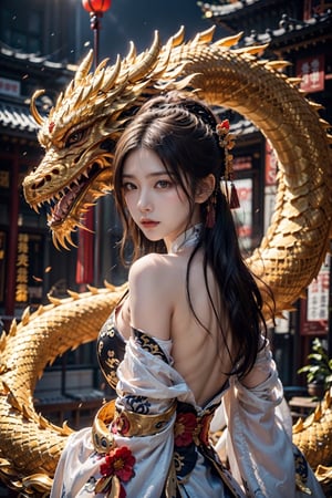 1man,zhongli,zhongli_(genshin_impact),solo,with a huge dragon on the background,game cg, yellow eyes, delicate nose, high bridge of nose, chinese ancient architecture,hands behind your back,delicate face, shiny eyes,glowing eye,sharp eyes,slanted eyes, no expression, serious face