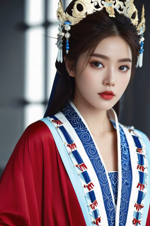 4k, office art, 1girl with robe armor, decorated with complex patterns and exquisite lines, k-pop, blue eyes, dark red lips,
