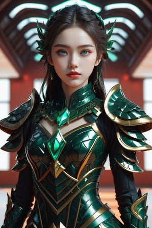 4k, office art, 1girl with green armor, decorated with complex patterns and exquisite lines, k-pop, blue eyes, dark red lips,
,TechStreetwear, full body,F41Arm0rXL 