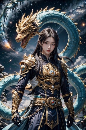 1boy,Emperor, long blue hair, blue armor, luminous magic, luminous golden dragon, starry sky, meteor,
